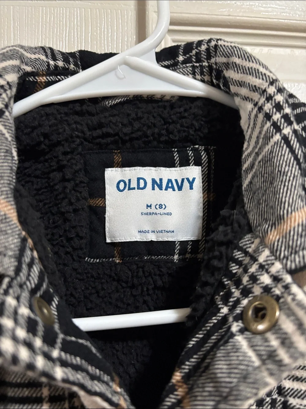 Old Navy Black Cream Plaid Button-Up Shacket with Brown Accent